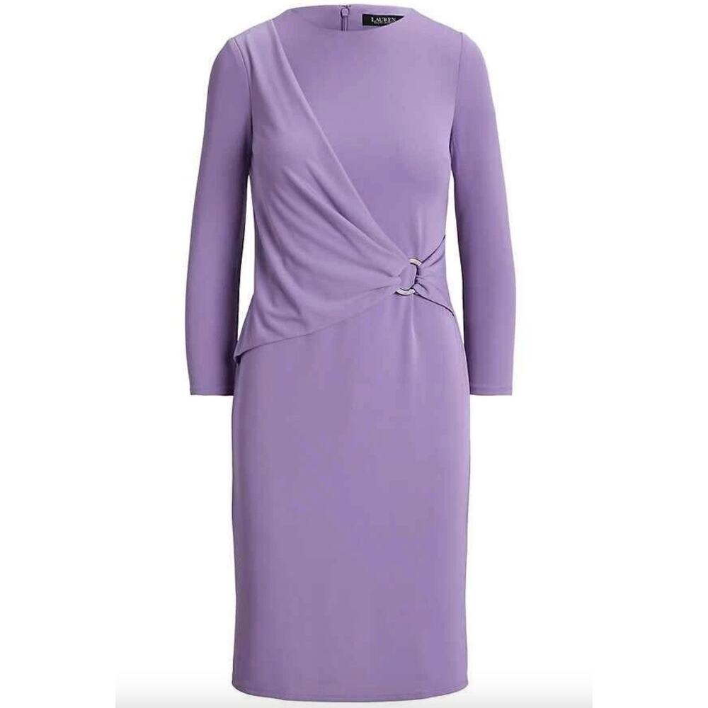 Lauren Ralph Lauren Jersey 3/4 Sleeve Dress Draped Knee Length Purple US 6 NWT
